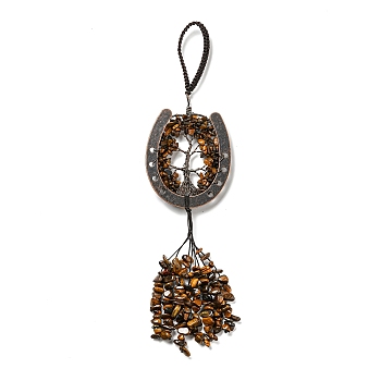 Natural Tiger Eye Chip Tree of Life Pendants Decoration, Brass Horse Shose Tassel Gems Hanging Ornaments, 220mm, Pendant: 170x59x7mm