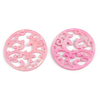 Cellulose Acetate(Resin) Filigree Joiners Links, with Glitter Powder, Flat Round, Hot Pink, 29x2mm