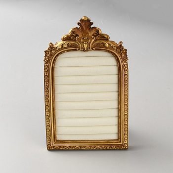 Gold Resin Photo Frame Ring Organizer Display Stands with Velvet Mat, Desktop Ring Holder, Arch Shape, Old Lace, 20.5x12.5x2.5cm