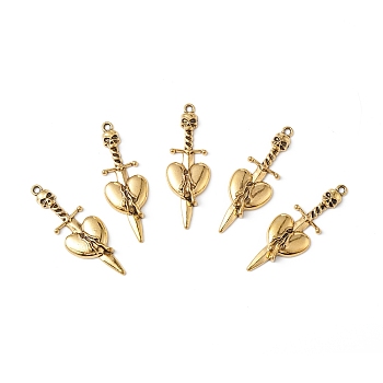 Tibetan Style Alloy Big Pendants, Skull Sword with Heart Charm, Antique Golden, 52x18x5mm, Hole: 2mm