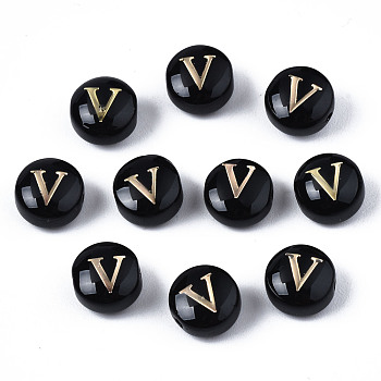 Handmade Lampwork Beads, with Golden Plated Brass Etched Metal Embellishments, Flat Round with Alphabet, Letter.V, 8x5mm, Hole: 0.8mm