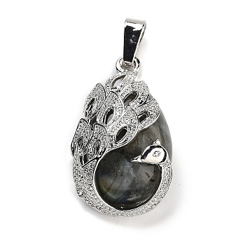 Natural Labradorite Teardrop Pendants, Alloy Peacock Charms, Platinum, 33x19x10mm, Hole: 3.5x9mm