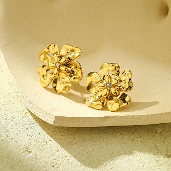 304 Stainless Steel Flower Stud Earrings for Women, with Clear Cubic Zirconia, Golden, 23x21.5mm