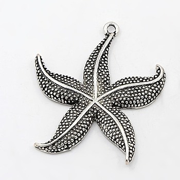 Alloy Pendants, Cadmium Free & Lead Free, Starfish/Sea Stars, Antique Silver, 49x43.5x4.5mm, Hole: 2.5mm