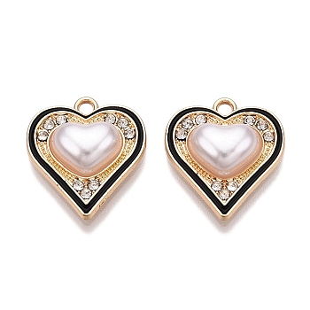 Rack Plating Alloy Rhinestone Pendants, with ABS Plastic Imitation Pearl, Heart, Black, 18.5x16.5x5.5mm, Hole: 1.8mm