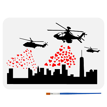 1Pc Plastic Hollow Out Drawing Painting Stencils Templates, for Painting on Scrapbook Fabric Tiles Floor Furniture Wood, with 1Pc Plastic Paint Brush, Helicopter, 29.7x21cm