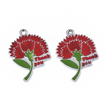 Alloy Enamel Pendants, Platinum, Flower with Word Thank You, for Mother's Day Jewelry Making, FireBrick, 33~34x24x2mm, Hole: 3mm