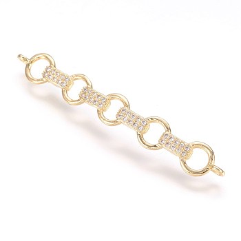 Brass Micro Pave Cubic Zirconia Links, Real 18K Gold Plated, Bar, 6.5x49x2mm, Hole: 1.5mm