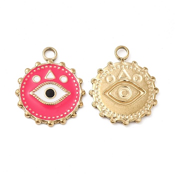 Vacuum Plating 201 Stainless Steel Enamel Pendants, Real 18K Gold Plated, Flat Round with Eye Charm, Deep Pink, 21.5x18x1.5mm, Hole: 2.6mm