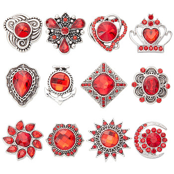SUNNYCLUE 1 Set Alloy Glass Snap Buttons, Jewelry Buttons, Teardrop & Triangle & Flower, Antique Silver, 18.5~25.5x17~24x8~10mm, 12pcs/set