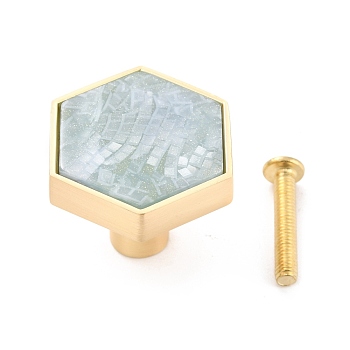 Hexagon with Marble Pattern Brass Box Handles & Knobs, with Resin Cabochons and Iron Screws, Matte Gold Color, Aqua, 29.5x34x24.5mm, Hole: 3.5mm