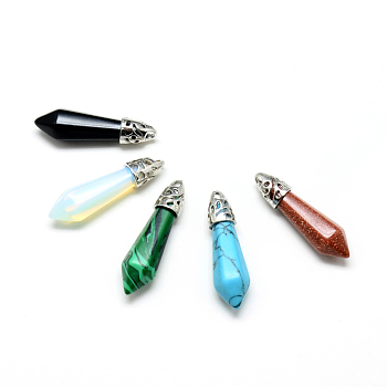 Natural & Synthetic Mixed Stone Pointed Pendants, with Alloy Findings, Platinum, Bullet, 37~38x10mm, Hole: 2.5mm
