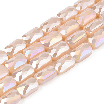 Electroplate Opaque Solid Color Glass Beads Strands, AB Color Plated, Faceted, Rectangle, PeachPuff, 7x4x3mm, Hole: 1mm, about 79~80pcs/strand, 20.47 inch(52cm)