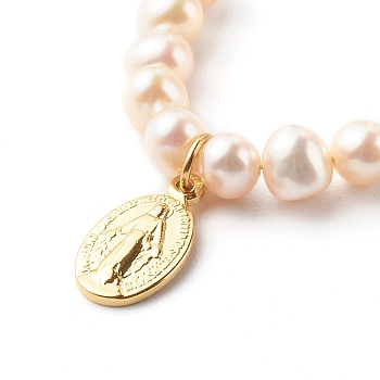 Oval with Virgin Mary & Natural Pearl Beads Pendant Necklaces, with Brass Cable Chain, Golden, 15.94 inch(40.5cm)