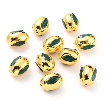 Natural Quartz Beads, with Golden Brass Edge, Dyed, Oval, Green, 15.5~16x11.5~12mm, Hole: 0.8mm