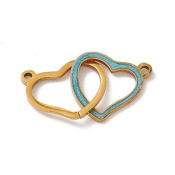 304 Stainless Steel Enamel Connector Charms, Double Heart Links, Golden, Sky Blue, 14x27x1mm, Hole: 1.5mm
