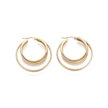 304 Stainless Steel Triple Hoop Earrings, Hypoallergenic Earrings, Multi-Layer Earrings, Textured, Ring, Golden, 40x38x7mm, Pin: 1mm