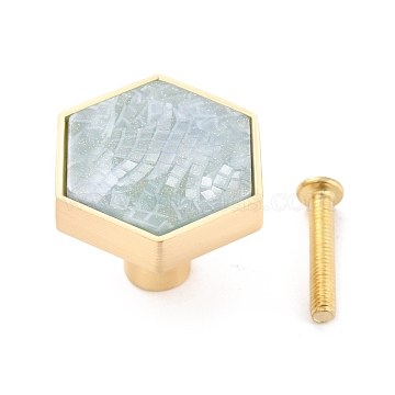 Hexagon with Marble Pattern Brass Box Handles & Knobs, with Resin Cabochons and Iron Screws, Matte Gold Color, Aqua, 29.5x24.5x34mm, Hole: 3.5mm(DIY-P054-C01)