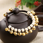 Bohemian Style Synthetic Turquoise Round Beaded & Brass Bell Charm & Wax Cord Braided Bead Bracelets, Golden, White, 7-1/4 inch(18.5cm)(FS-WGC2A27-01)