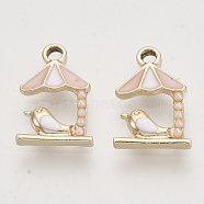 Light Gold Plated Alloy Charms, with Enamel and ABS Plastic Imitation Pearl, Umbrella with Bird, Pink, 14.5x10x2.5mm, Hole: 1.6mm(X-ENAM-T009-44C)