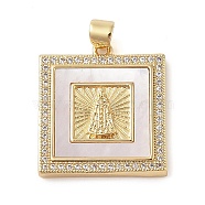 Brass Micro Pave Cubic Zirconia Pendants, with Shell Charms, Virgin Mary, Real 18K Gold Plated, Square, 24.5x21.5x3.5mm, Hole: 3.5x4mm(KK-I712-52G-04)