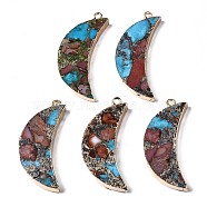 Assembled Natural Bronzite & Synthetic Turquoise & Imperial Jasper Pendants, with Light Gold Iron Loop and Brass Edge, Moon, Indian Red, 18x36x5~7mm, Hole: 2mm(G-N330-035B)