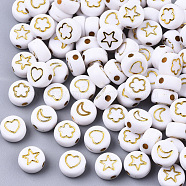 Opaque Acrylic Beads, Flat Round with Mixed Patterns, Golden Plated, White, 7x4mm, Hole: 1.6mm(X-PACR-N006-005)