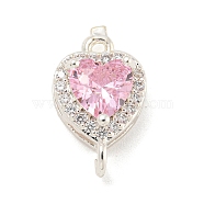 Brass Pave Cubic Zirconia Connector Charms, Heart Links, Silver Color Plated, Pink, 15x9x6mm, Hole: 1.2mm(KK-Z072-06S-03)