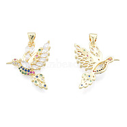 Brass Micro Pave Colorful Cubic Zirconia Pendants, with Brass Snap on Bails, Nickel Free, Hummingbird, Real 18K Gold Plated, 21x23x4.5mm, Hole: 3x4mm(X-ZIRC-N039-269)