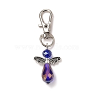 Faceted Teardrop Glass Pendants, with Faceted Glass Beads, Alloy Butterfly Beads & Swivel Lobster Claw Clasps, Iron Pins & Bead Caps, Angel, Blue, 61mm, Pendant: 32x21.5x9.5mm(HJEW-JM00534-03)