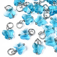 Faceted Transparent Glass Charms, with Iron Jump Ring, Butterfly, Dark Turquoise, 13~14x9.8x6mm, Hole: 4mm(GLAA-T024-06E)