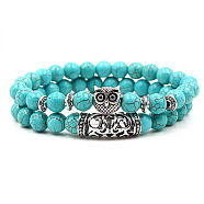 2Pcs Synthetic Turquoise Stretch Bracelet Sets for Women Men, with Tibetan Style Alloy Beads, Owl, 2pcs/set(IX3190-5)