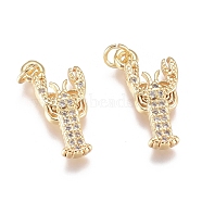 Brass Micro Pave Cubic Zirconia Pendants, with Jump Ring, Long-Lasting Plated, Lobster, Clear, Golden, 18x9x2.5mm, Hole: 3mm(ZIRC-G168-48G)