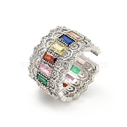Brass Micro Pave Colourful Cubic Zirconia Open Cuff Rings, Long-Lasting Plated, Platinum, US Size 7 1/4(17.5mm)(RJEW-G309-44P)