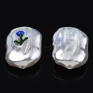 ABS Plastic Imitation Pearl Beads, with Enamel, Oval with Flower, Medium Blue, 21x15x7~8mm, Hole: 1.2mm(KY-N015-94)