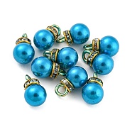 (Defective Closeout Sale: Ring Dyed)ABS Plastic Imitation Pearl Charms, with Resin Rhinestone, Round Charm, Deep Sky Blue, 13x8mm, Hole: 2.5mm(KY-XCP0001-25G-01)