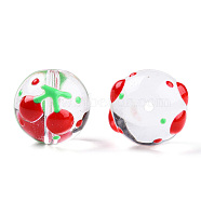 Transparent Handmade Lampwork Beads, Round with Cherry Pattern, Red, 17x16x15mm, Hole: 1.8~2mm(LAMP-T011-26B)