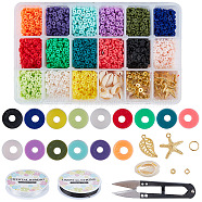 DIY Jewelry Set Kits, with Handmade Polymer Clay Heishi Beads, Brass Spacer Beads, Cowrie Shells, Alloy Pendants, Iron Jump Rings, Elastic Crystal Thread, Steel Scissors, Mixed Color, Disc Beads: 6x1mm, Hole: 2mm(DIY-SC0009-74B)