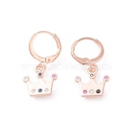 Brass Micro Pave Cubic Zirconia Dangle Hoop Earrings, Crown, Colorful, Rose Gold, 26mm, Pin: 0.9mm(EJEW-F233-07RG)