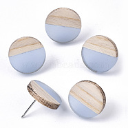 Transparent Resin & Wood Stud Earrings, with 304 Stainless Steel Pin, Flat Round, Light Steel Blue, 15mm, Pin: 0.7mm(X-EJEW-N017-003A-D01)