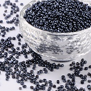 12/0 Glass Seed Beads, Metallic Colours, Round, Round Hole, Black, 12/0, 2mm, Hole: 1mm, about 3333pcs/50g, 50g/bag, 18bags/2pounds(SEED-US0003-2mm-606)
