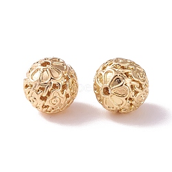 Brass Hollow Beads, Round with Flower, Champagne Gold, 10mm, Hole: 1.2mm(KK-P226-37CG-02)
