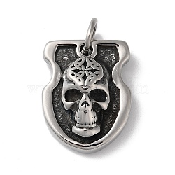 304 Stainless Steel Pendants, with Jump Ring, Shield with Skull Charm, Antique Silver, 39x31x12mm, Hole: 10mm(STAS-D014-12AS)