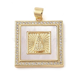 Brass Micro Pave Cubic Zirconia Pendants, Cadmium Free & Lead Free, with Shell Charms, Virgin Mary, Real 18K Gold Plated, Square, 24.5x21.5x3.5mm, Hole: 3.5x4mm(KK-I712-52G-04)