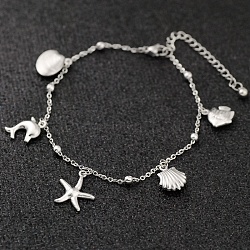 Bohemia Style Ocean Theme 304 Stainless Steel Anklets, Stainless Steel Color, Mixed Shapes, 7-7/8 inch(200mm)(WG73A42-11)