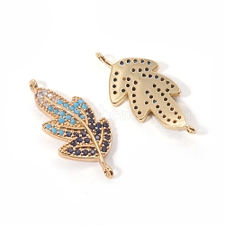 Brass Micro Pave Cubic Zirconia Links connectors, Leaf, Colorful, Golden, 25x11.5x2mm, Hole: 1mm(ZIRC-L090-038G)