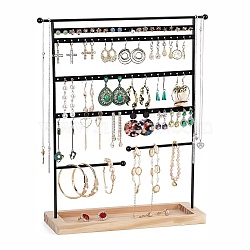 Iron Jewelry Display Stand with Wood Tray, Desktop Jewelry Organizer Holder for Earring Rings Bracelets Storage, Black, 9.5x31x37cm(AJEW-Z032-01A)