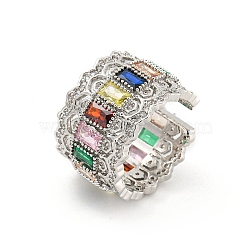 Brass Micro Pave Colourful Cubic Zirconia Open Cuff Rings, Long-Lasting Plated, Platinum, US Size 7 1/4(17.5mm)(RJEW-G309-44P)