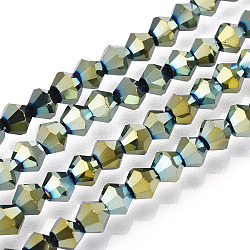 Electroplate Glass Bead Strands, Rainbow Plated, Faceted Bicone, Green Plated, 4x4.5mm, Hole: 1mm, about 92~96pcs/strand, 13.78~14.37 inch(EGLA-R094-4mm-16)