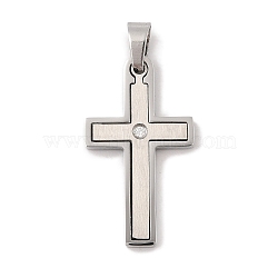 304 Stainless Steel Pendants, with Rhinestone, Cross Charm, Stainless Steel Color, 38x18x3mm, Hole: 5x4.5mm(STAS-G346-07P)